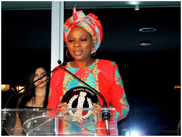 Justina Mutale accepting an Award at the United Nations in New York